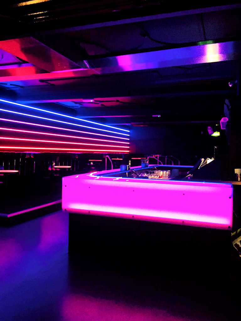 INK Nightclub, Nottingham. In addition to mirrors and painted glass we also supplied & installed these 12mm toughened glass, satin filmed worktops. The LED lights really set this off!