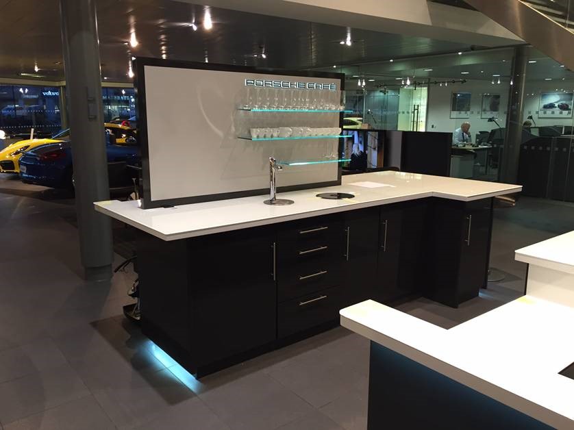 Toughened painted glass worktops supplied for the Porsche Centre in Solihull