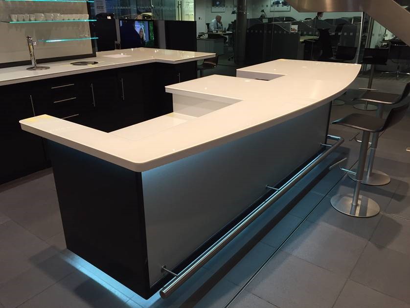 Toughened painted glass worktops supplied for the Porsche Centre in Solihull
