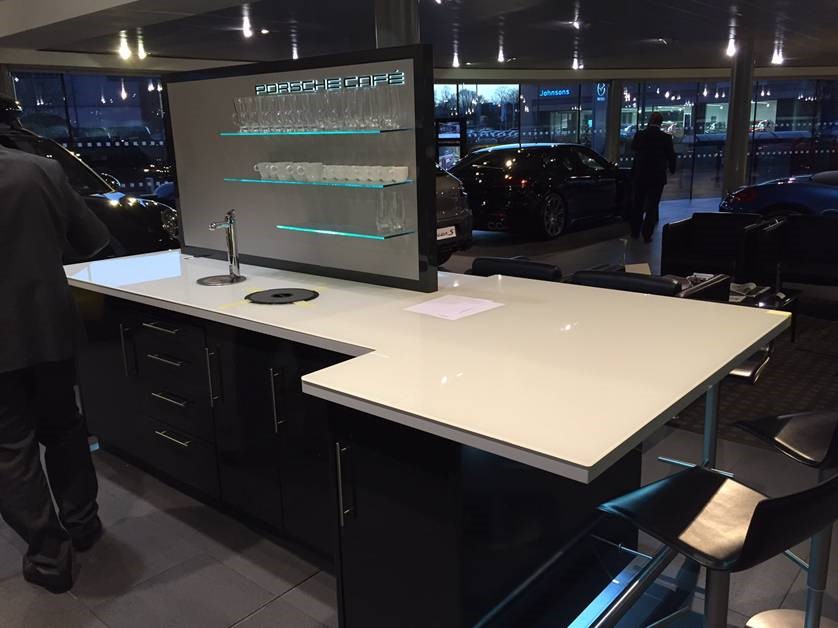 Toughened painted glass worktops supplied for the Porsche Centre in Solihull