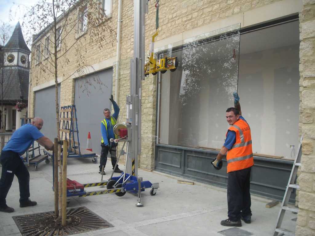 This photo was taken back in 2010 when we did a lot of work for the clothing store Next who were refurbishing their stores up and down the country (in this case, Oxford). The glass had to be specially ordered from Glasgow because of its sheer size, and we were required to use heavy lifting equipment as one piece of glass weighed up to a third of a tonne!