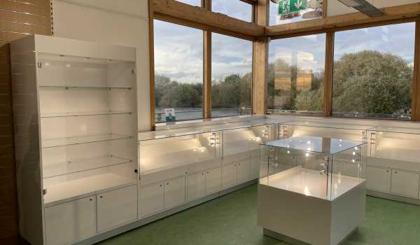 Wider view of uv bonding retail glass cabinets